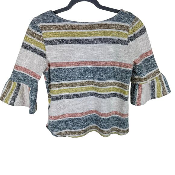Green Envelope Terry Cloth Striped Neutral Pastel 3/4 Bell Sleeve Knit Top Sz M - Picture 2 of 5